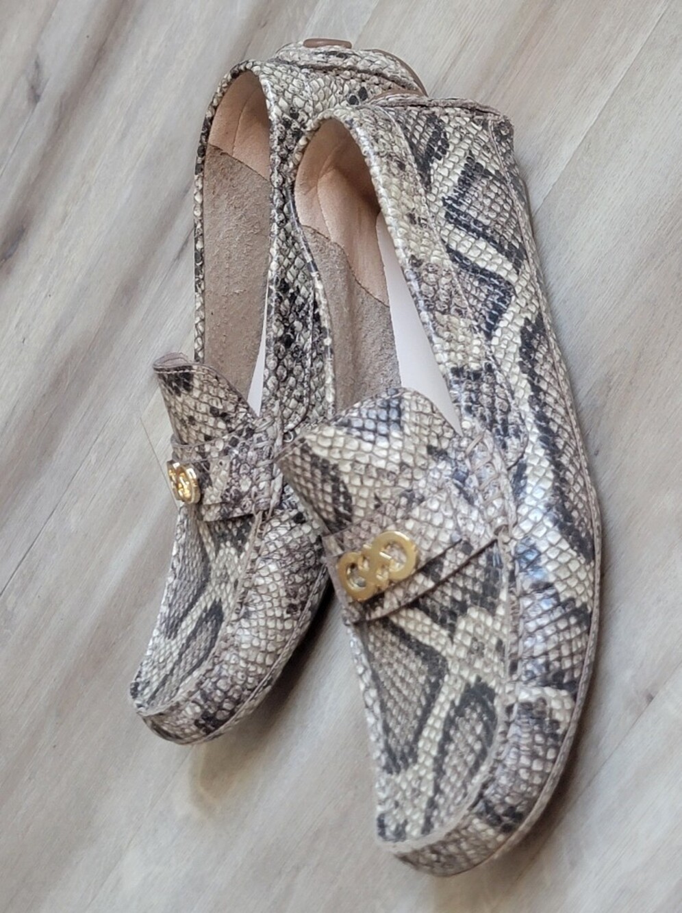 Cole Haan Womens Snake-Print Leather Loafers in Beige and Black with Gold Accent